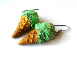 Mint Chocolate Chip Ice Cream Earrings - Polymer clay Miniature Food Jewelry, Food Earrings Ice Cream Accessories