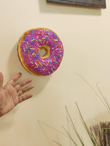 7 Inch Realistic Pink Sprinkled Donut Decor, 3D Fake Food Wall Art, Large Donut Prop, Unique Pop Art