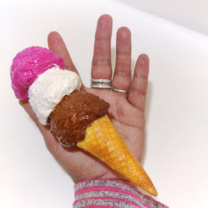 Large 3 Scoop Neapolitan Ice Cream on Cone Necklace, Realistic Fake food Jewelry, Fun Gift